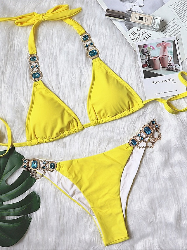 Women's Swimwear Bikini 2 Piece Normal Swimsuit Glitter Solid Color White Black Blue Purple Yellow Plunge Bathing Suits Sexy Vacation Fashion / New / Padded Bras