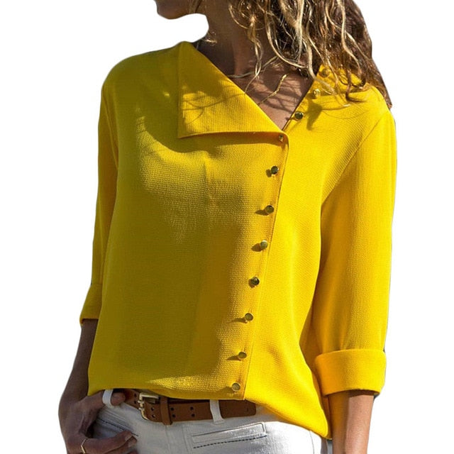 Chiffon Long Sleeve Skew Collar Solid Office Women Blouses And Tops - Sheseelady