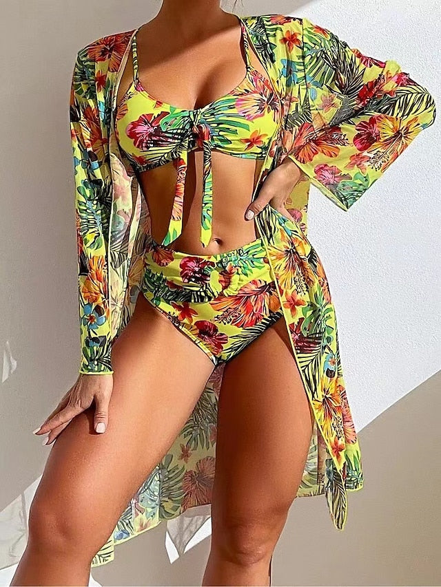 Women's Swimwear Bikini Normal Swimsuit 3-Piece Printing Floral White Yellow Blue Gray Bathing Suits Sports Beach Wear Summer