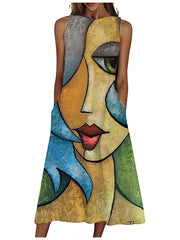 Casual Sleeveless Print Crew Neck Stylish Design Dress For Womens