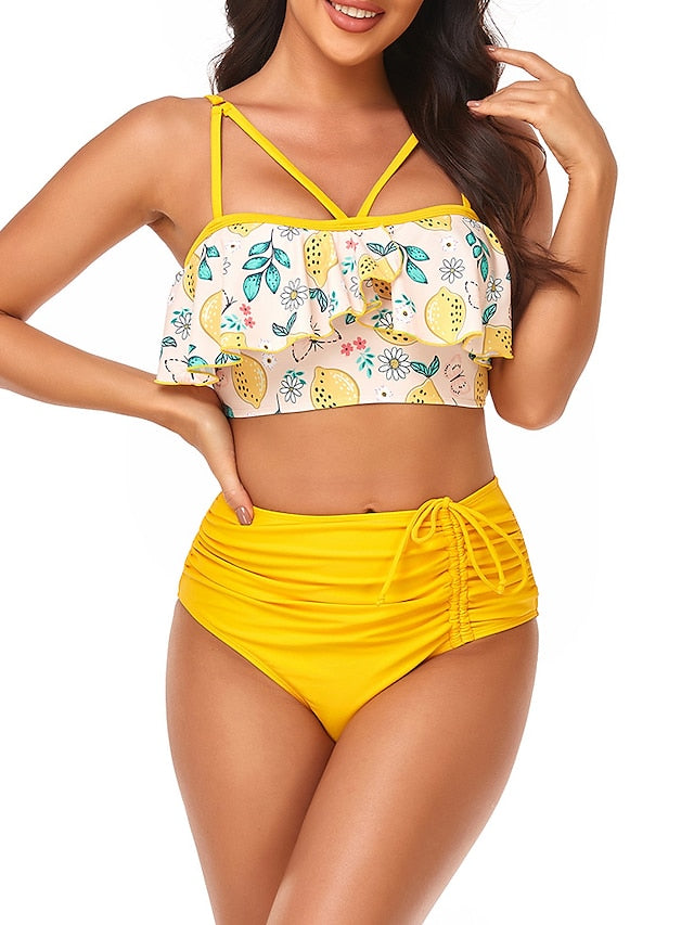 Women's Swimwear Bikini Normal Swimsuit 2 Piece Printing High Waisted Floral Lake blue Yellow Pink Blue Bathing Suits Sports Summer