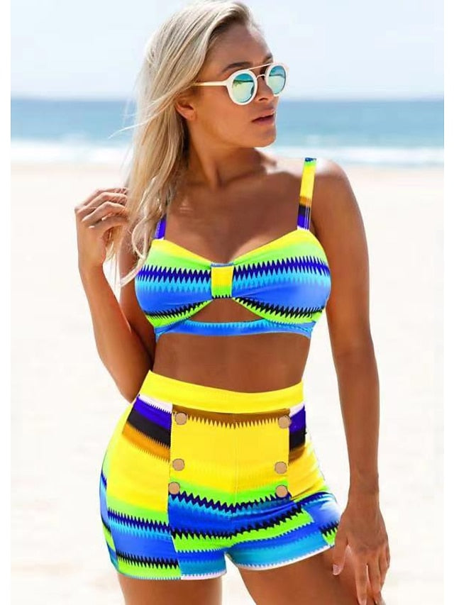 Women's Swimwear Bikini Normal Swimsuit 2 Piece Printing High Waisted Color Block Yellow Red Blue Orange Green Bathing Suits Sports Beach Wear Summer