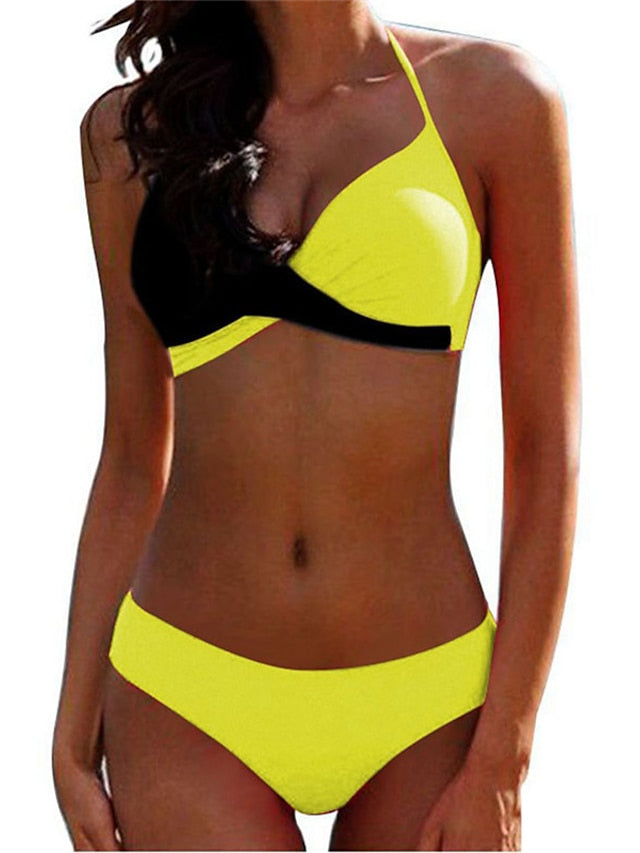 Women's Swimwear Bikini EU / US Size Swimsuit Solid Colored Green Black Gray Yellow Fuchsia Bathing Suits / Padded Bras