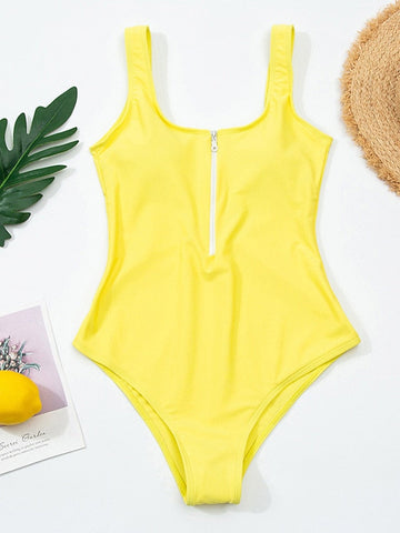 Women's Swimwear One Piece Monokini Bathing Suits Normal Swimsuit Tummy Control Open Back Zipper High Waisted Pure Color Light Blue Green White Black Yellow Scoop Neck Bathing Suits New Vacation