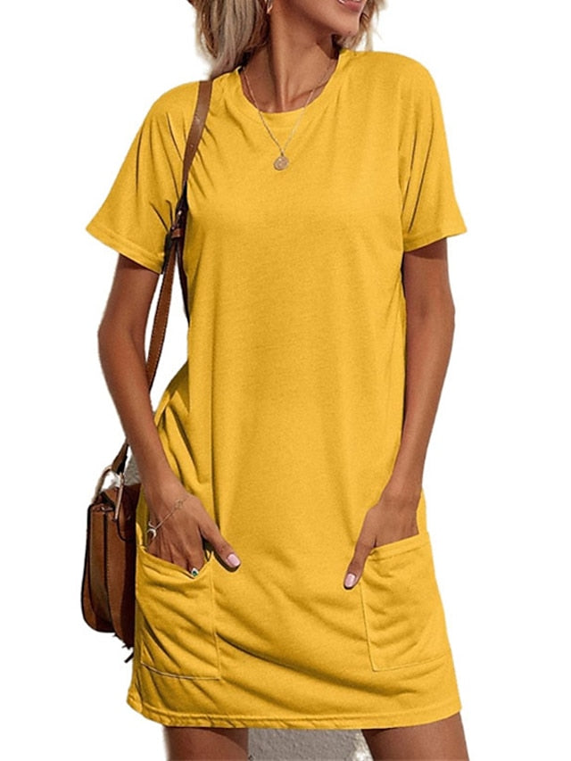 Women's Pajamas Nightgown Nighty Pjs Pure Color Comfort Soft Home Daily Polyester Crew Neck Short Sleeve Pocket Spring Summer Yellow Fuchsia