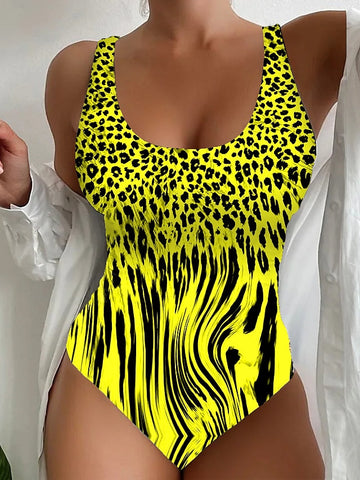 Women's Swimwear One Piece Normal Swimsuit Printing Leopard Black Yellow Blue Bodysuit Bathing Suits Sports Beach Wear Summer