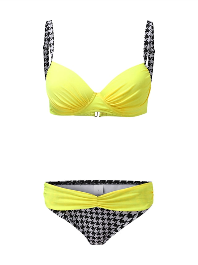 Women's Swimwear Bikini 2 Piece Normal Swimsuit Backless Printing High Waisted string fold over Houndstooth Stripe Green Yellow Rainbow Red Strap Bathing Suits New Vacation Sexy / Modern