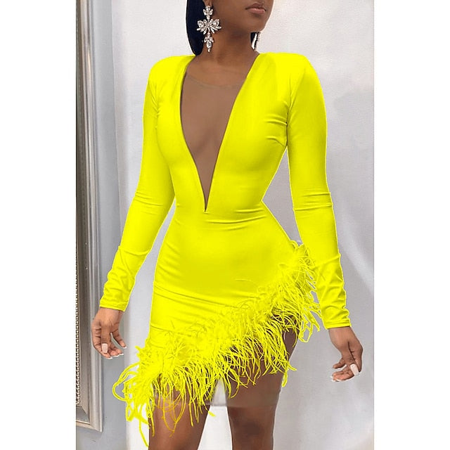 Women's Party Dress Feather Dress Cocktail Dress Mini Dress Black White Yellow Long Sleeve Pure Color Mesh Spring Fall Winter V Neck Hot Party Winter Dress Birthday Slim