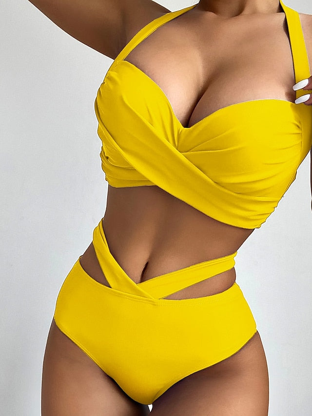 Women's Swimwear Bikini 2 Piece Normal Swimsuit 2 Piece Open Back Printing Hole Snake Skin Pattern Pure Color Light Blue Green Black Yellow Fuchsia Halter Padded V Wire Bathing Suits New Vacation Sexy