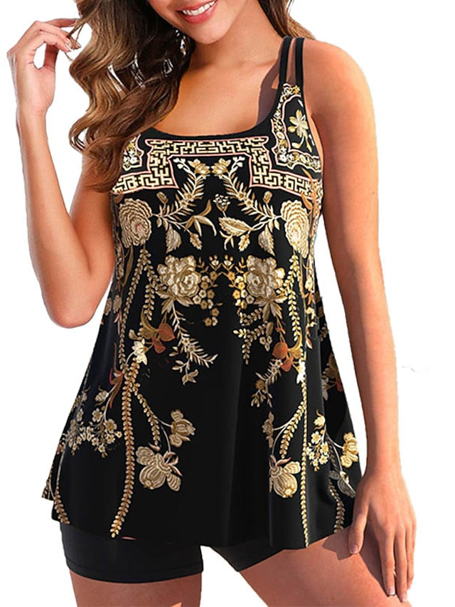 Women's Swimwear Tankini 2 Piece Normal Swimsuit Backless 2 Piece Printing Adjustable Print Multi Color Light Blue Green Black Purple Yellow Padded Strap Bathing Suits Sexy Vacation Beach Wear