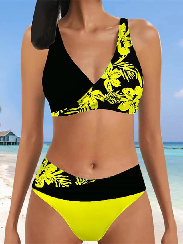 Women's Swimwear Bikini Normal Swimsuit 2 Piece Printing Floral White Yellow Light Green Red Blue Bathing Suits Sports Beach Wear Summer