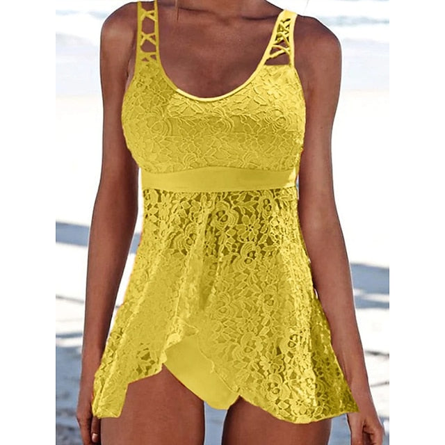 Women's Swimwear Swimdresses Normal Swimsuit Lace 2 Piece Solid Color Black Yellow Blue Purple Orange Bathing Suits Sports Beach Wear Summer