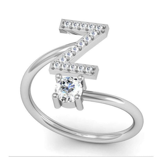 Fashion 26 Letters Silver Ring For Women Rhinestone Open Finger Rings Female Engagement Ring Jewelry Anel Party Gift - Sheseelady