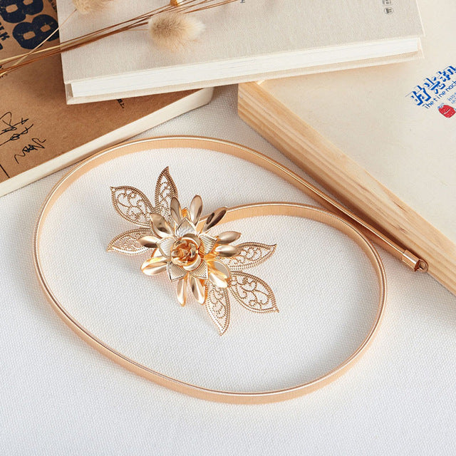 Flower Leaf Shape Wedding Designer Elastic Belts Women Girl Stretch Skinny Waist Belt Cummerbunds Metal Female Belt - Sheseelady