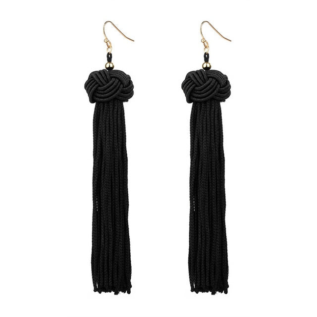 Handmade Tassel Earrings Trendy Black Red Yellow Green Long Dangles Ear Broncos Silk Fringed Jewellery For Women