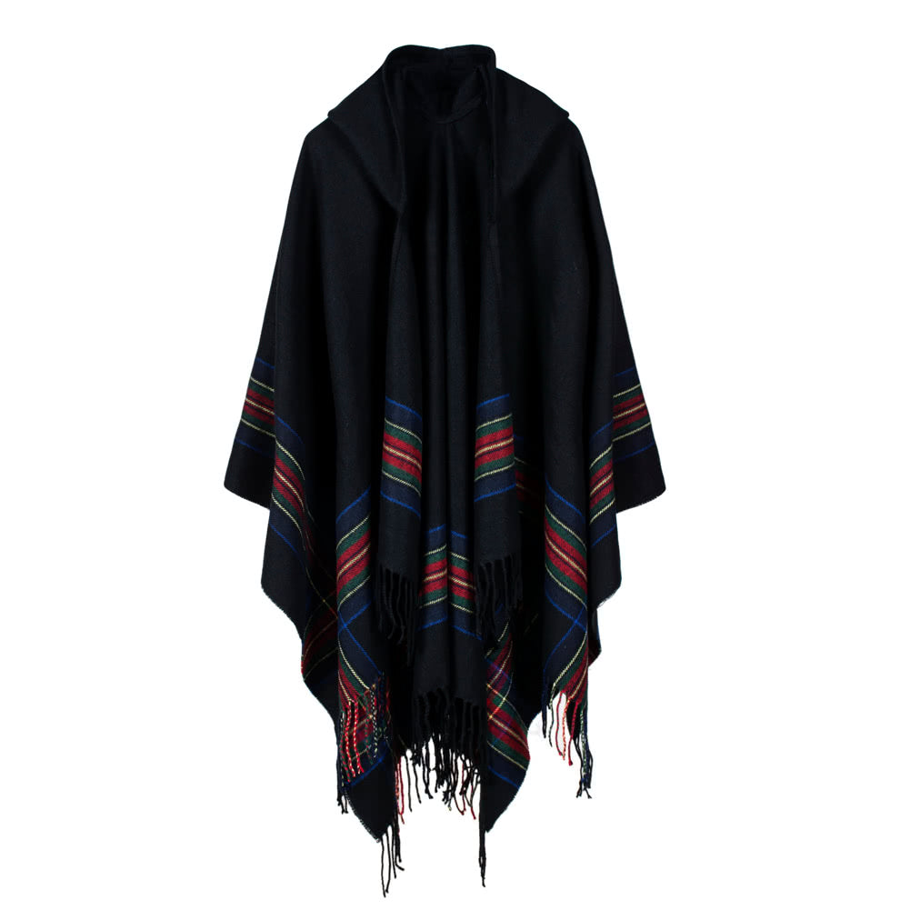 Women Knitted Poncho Cape Hooded Stripe Oversized Cardigan Sweater Long Shawl Scarf Cashmere Pashmina