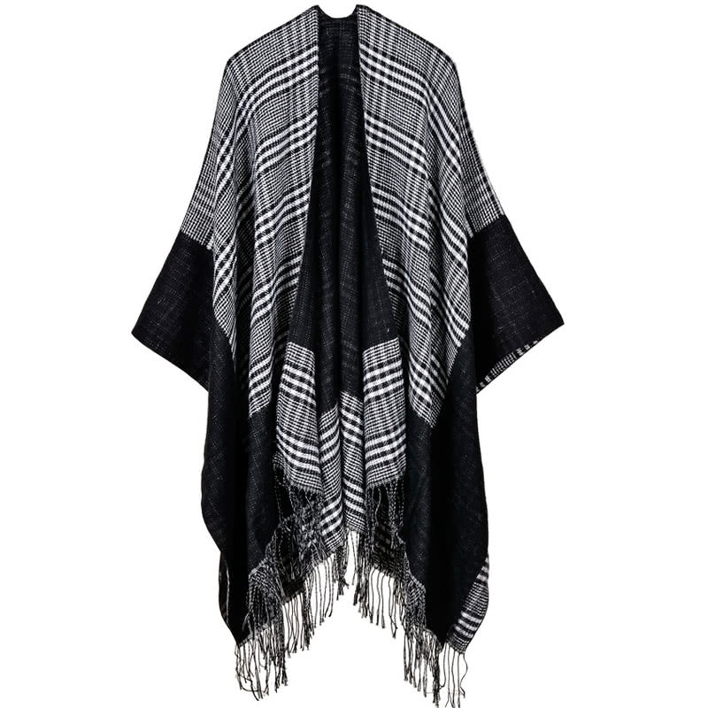 Vintage Women's Plaid Knitted Shawl Poncho - Faux Cashmere Tassel Cape for Winter