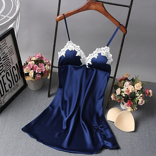 Ladies Sexy Nightdress Silk V-Neck Floral Sleepwear Lingerie Babydoll Nightgown Mini Sleeveless Women Sleepshirt With Padded Bra - Sheseelady