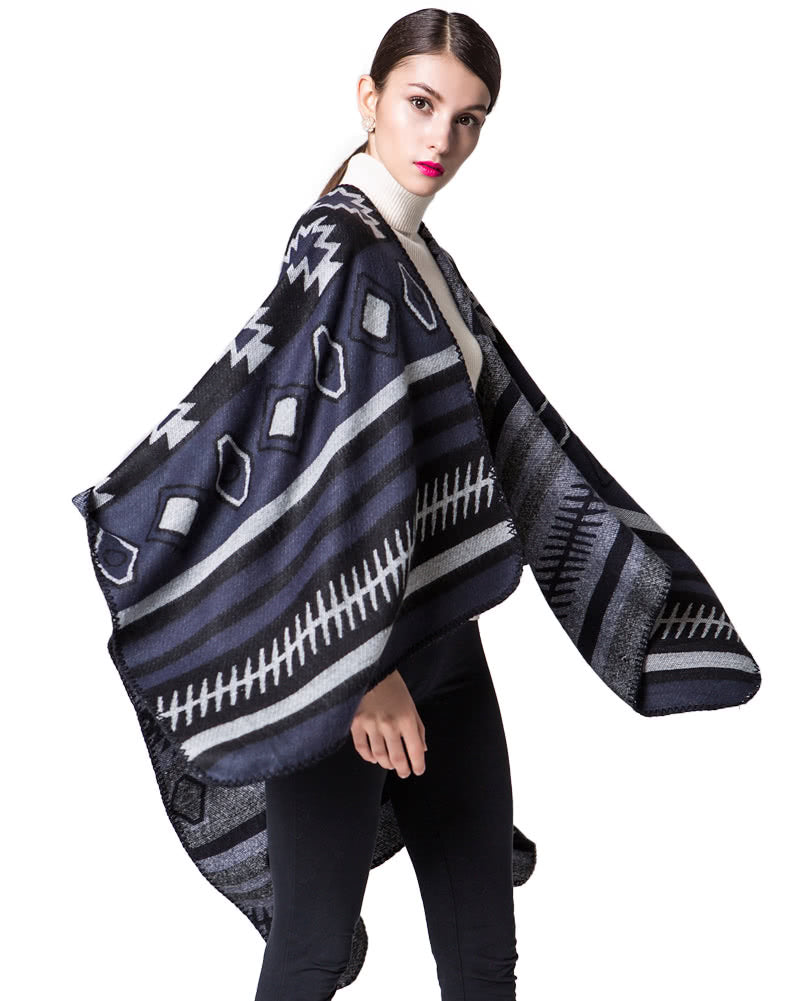 Women Poncho Scarf Cardigan Sweater Geometrical Print WarmCape Shawl Long Scarves Pashmina Outwear