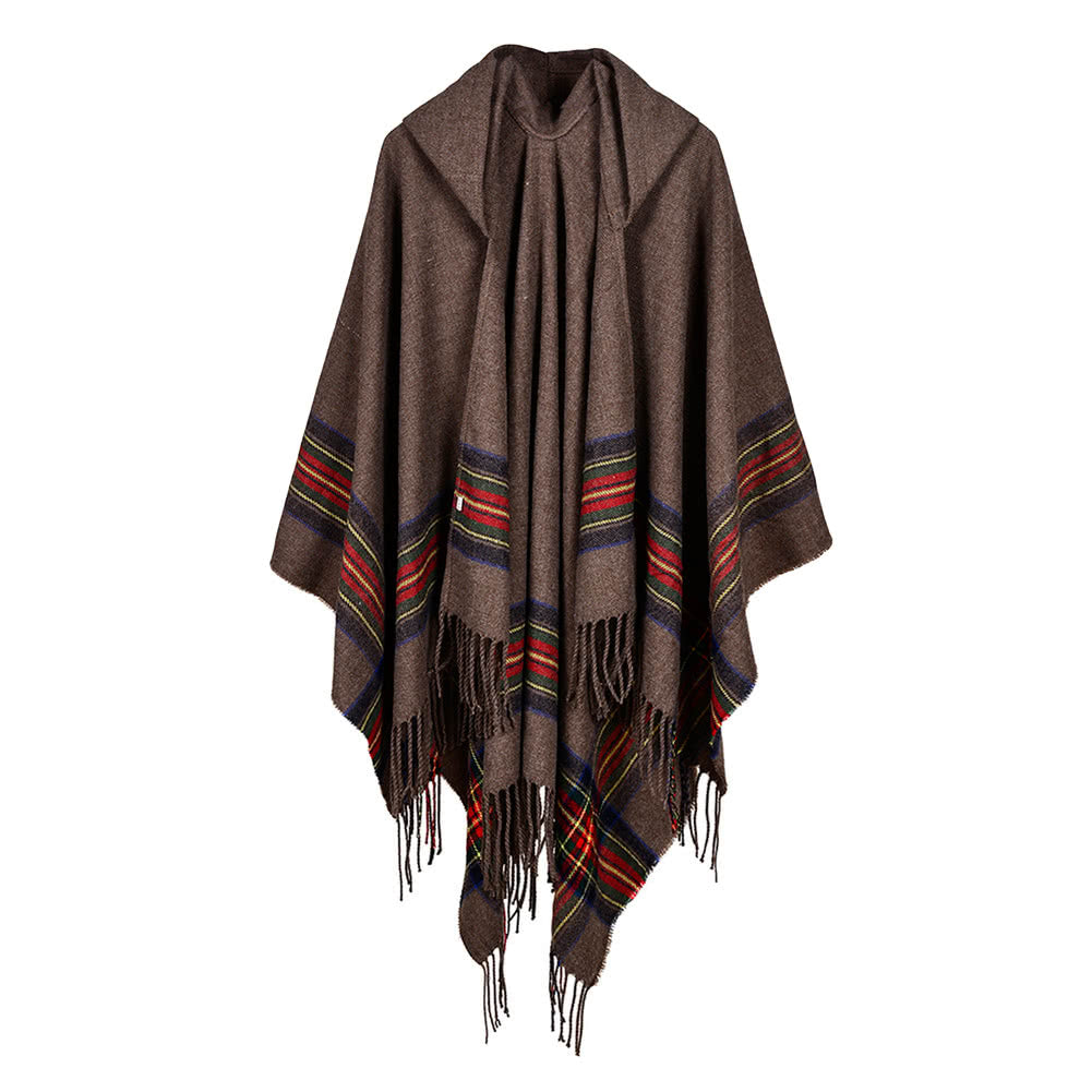 Women Knitted Poncho Cape Hooded Stripe Oversized Cardigan Sweater Long Shawl Scarf Cashmere Pashmina