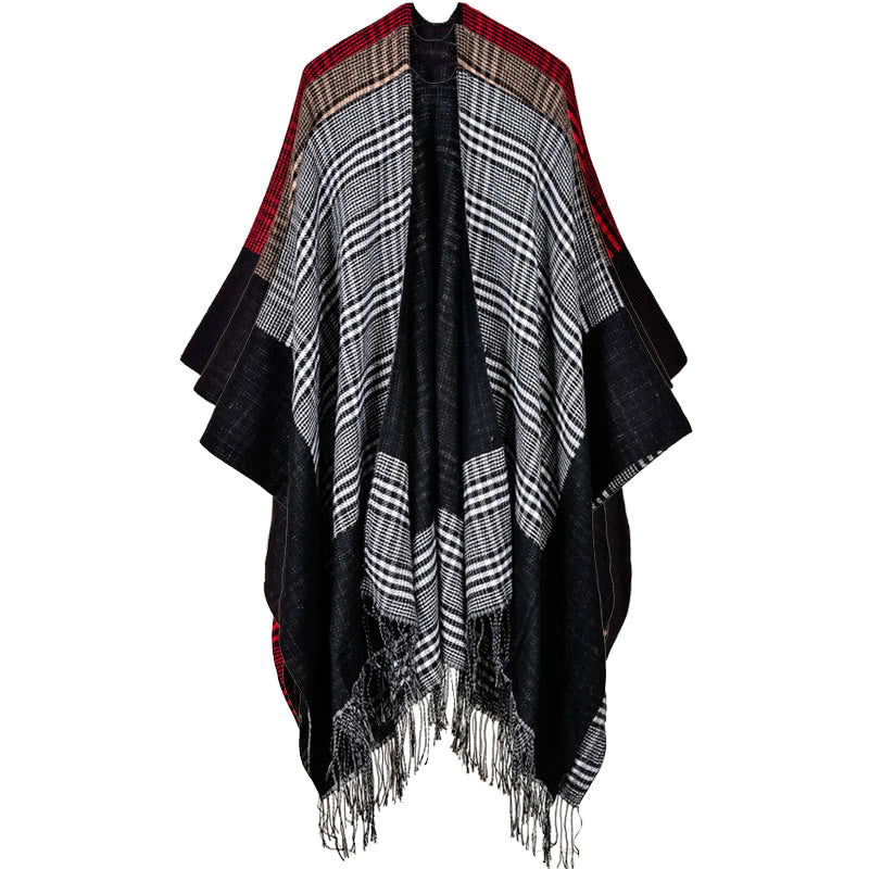 Vintage Women's Plaid Knitted Shawl Poncho - Faux Cashmere Tassel Cape for Winter