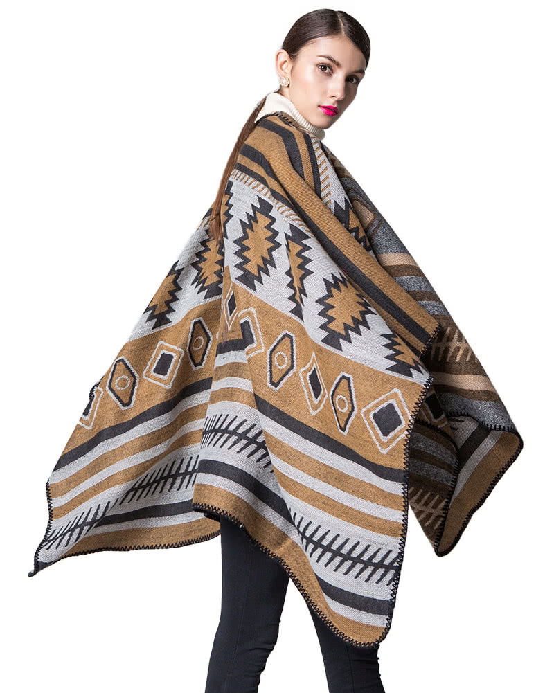 Women Poncho Scarf Cardigan Sweater Geometrical Print WarmCape Shawl Long Scarves Pashmina Outwear