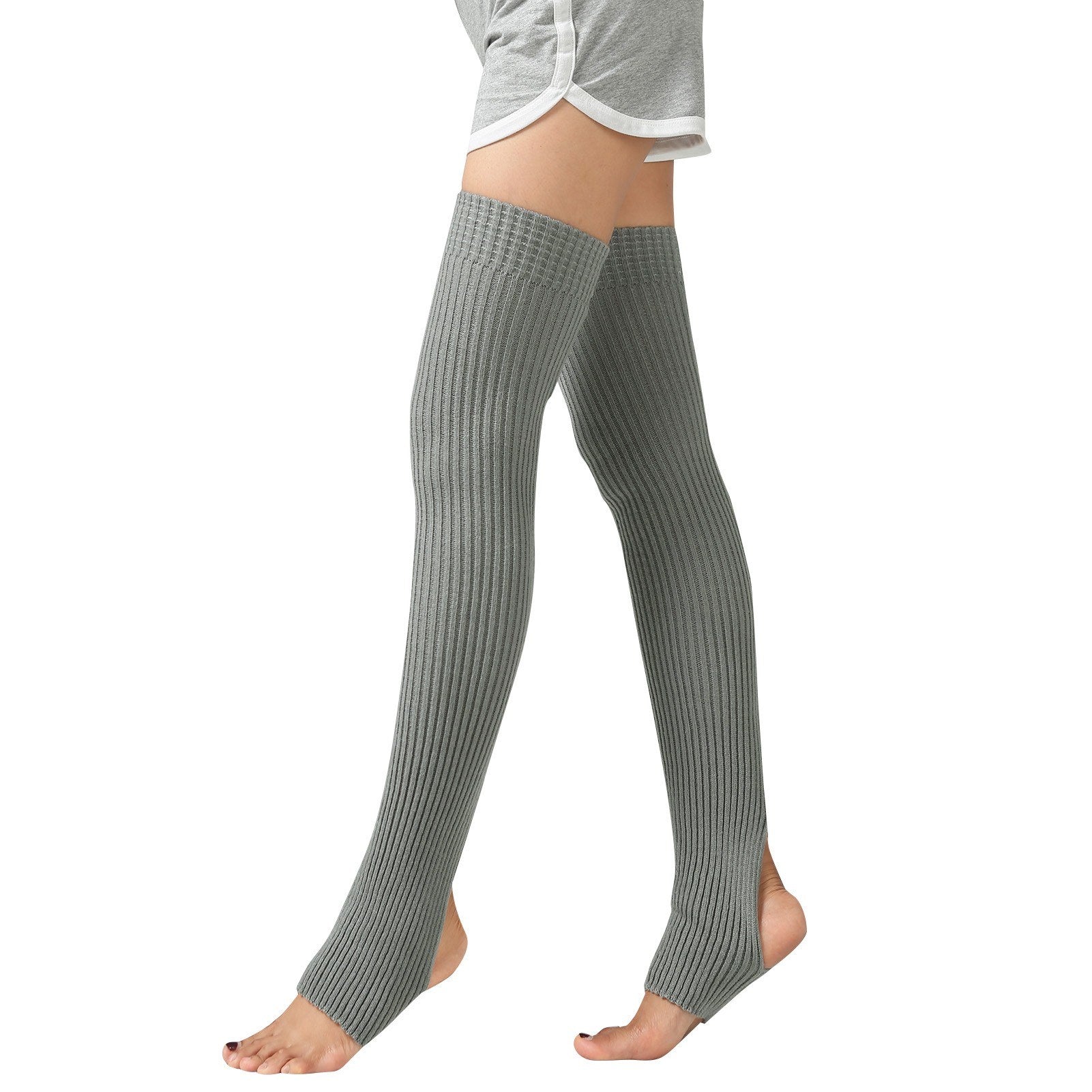 Women Yoga Stockings Open Heel Ribbed Knit Thigh High Leg Warmers for Ballet Dancing Lounging