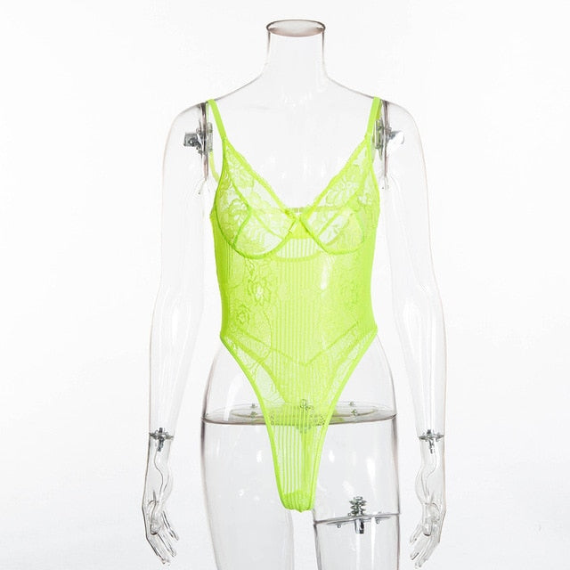 Sexy Sheer Women's Deep V-neck Backless Lace Bodysuit