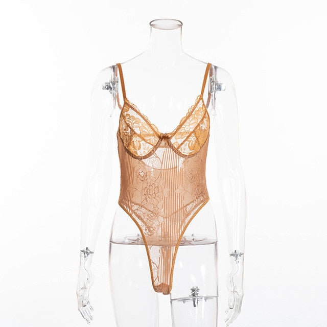 Sexy Sheer Women's Deep V-neck Backless Lace Bodysuit