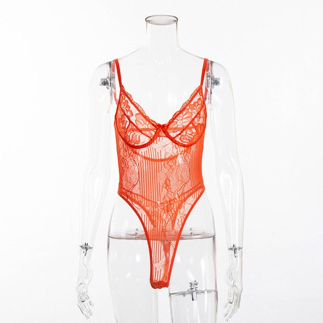Sexy Sheer Women's Deep V-neck Backless Lace Bodysuit