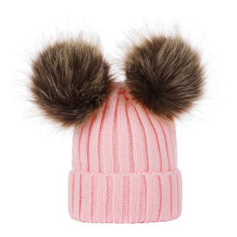 Winter Warm Women and Kids Knitted Crochet Wool HatDouble Hair Ball Earmuffs Caps,Cute Hairball Beanie Cap