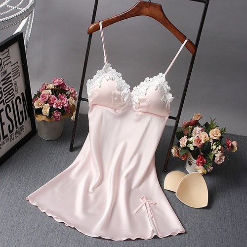 Ladies Sexy Nightdress Silk V-Neck Floral Sleepwear Lingerie Babydoll Nightgown Mini Sleeveless Women Sleepshirt With Padded Bra - Sheseelady