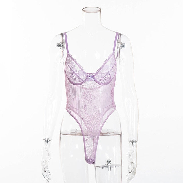 Sexy Sheer Women's Deep V-neck Backless Lace Bodysuit