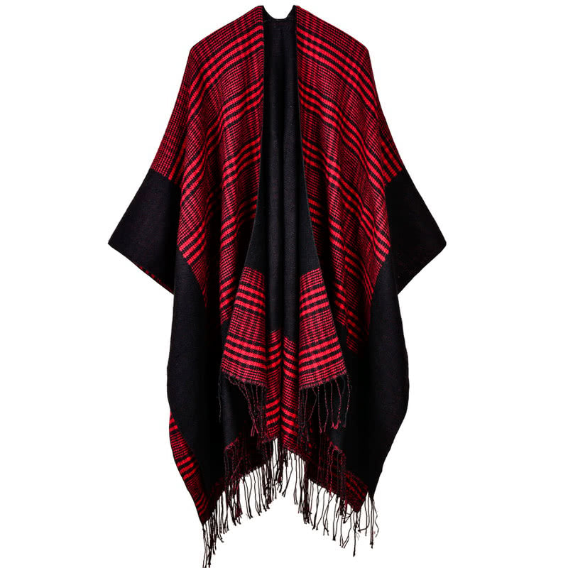 Vintage Women's Plaid Knitted Shawl Poncho - Faux Cashmere Tassel Cape for Winter