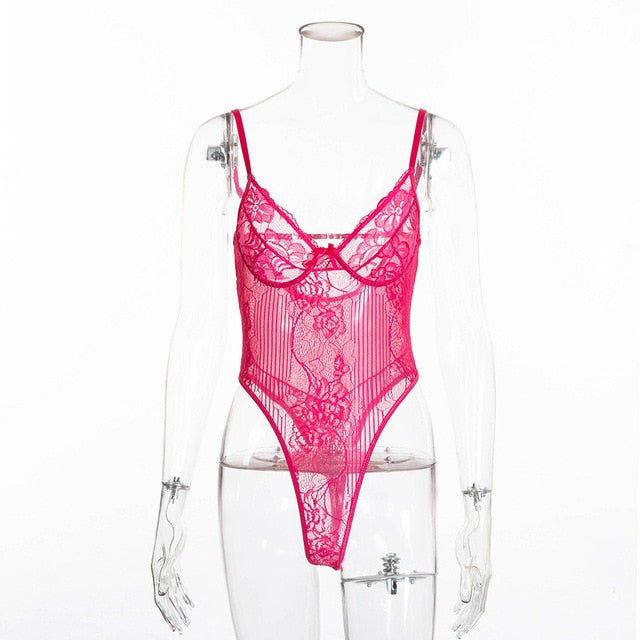 Sexy Sheer Women's Deep V-neck Backless Lace Bodysuit