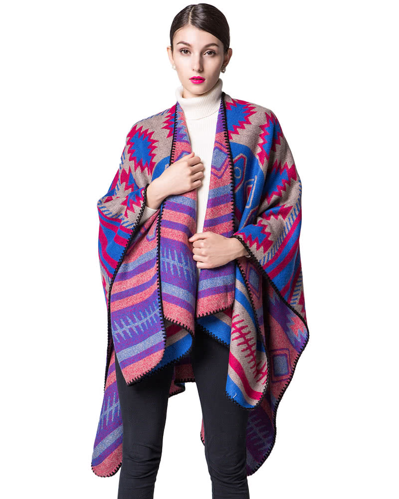 Women Poncho Scarf Cardigan Sweater Geometrical Print WarmCape Shawl Long Scarves Pashmina Outwear