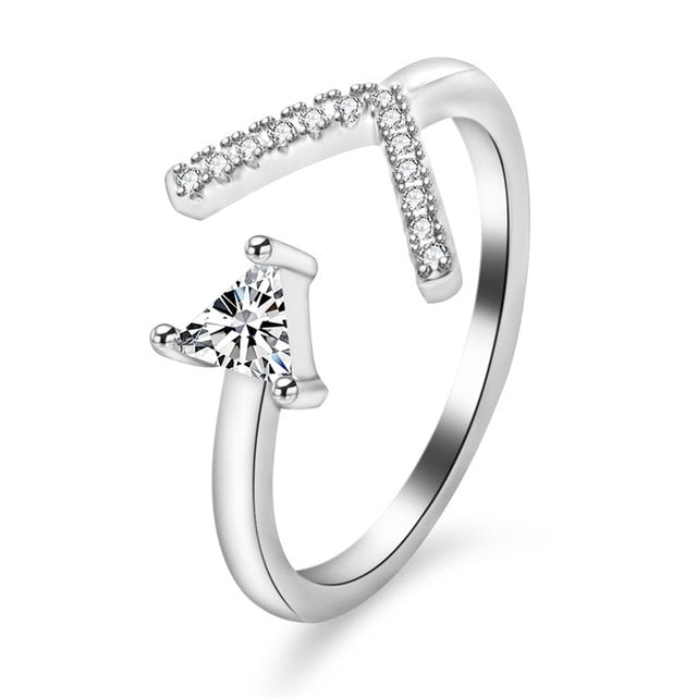 Fashion 26 Letters Silver Ring For Women Rhinestone Open Finger Rings Female Engagement Ring Jewelry Anel Party Gift - Sheseelady