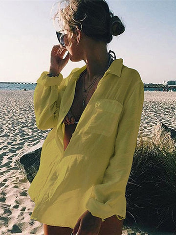Women's Swimwear Cover Up Beach Top Swimsuit Pocket Button Solid Color Light Blue turmeric Light rust red White Black Bathing Suits New Cover Ups & Beach Dresses