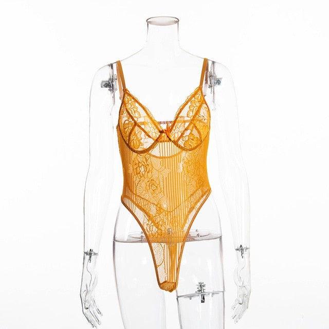 Sexy Sheer Women's Deep V-neck Backless Lace Bodysuit