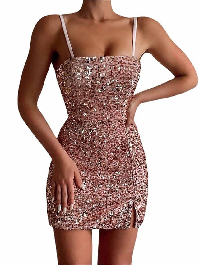 Women's Party Dress Sequin Dress Sexy Dress Mini Dress Rose Sleeveless Pure Color Sequins Summer Spring Spaghetti Strap Fashion Birthday Wedding Guest Vacation