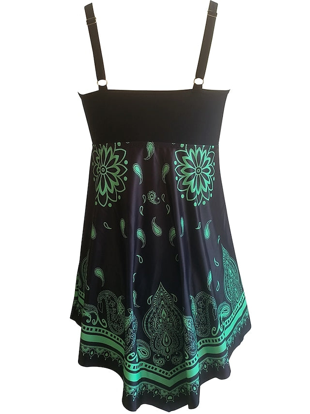 Women's Swimwear Tankini with Shorts / Top Normal Swimsuit Printing Adjustable Floral Stripe Green Camisole Strap Bathing Suits Modern Beach Wear Classic & Timeless