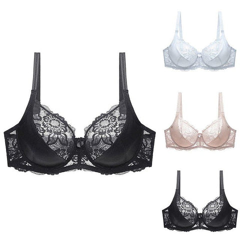 Female Luxury Lace Plus Size Gathered Bra Solid Color Push Up Fashion Sexy Thin Breathable Bra