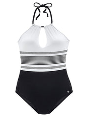 Women's Swimwear One Piece Monokini Bathing Suits Normal Swimsuit Backless Modest Swimwear Tummy Control Cut Out Slim Striped White Halter High Neck Bathing Suits Sports Basic Casual / New