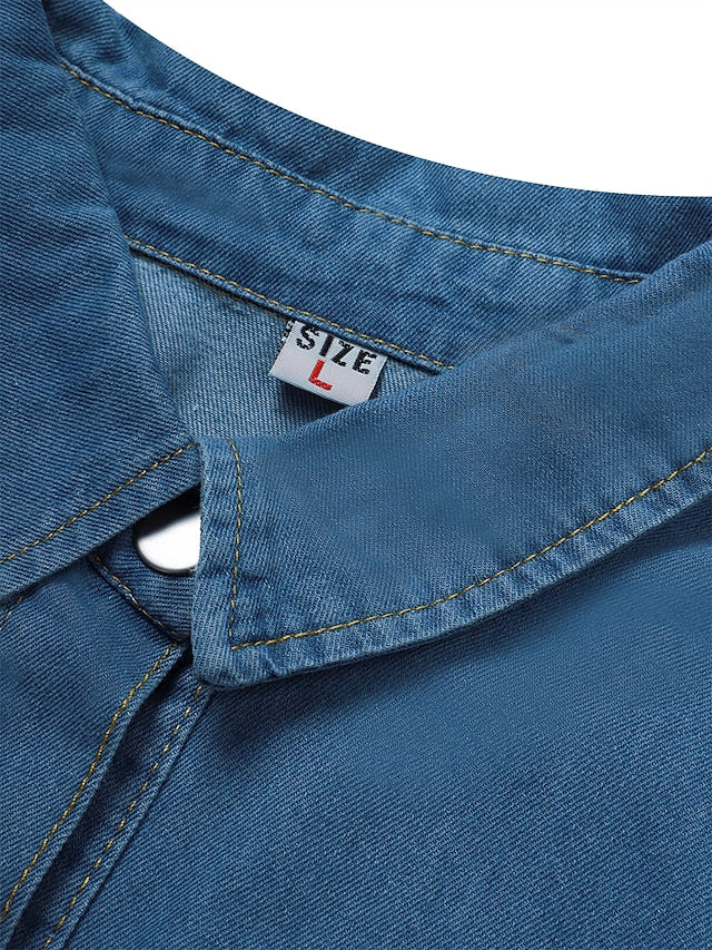 Women's Cotton Denim Maxi Dress - Casual Short Sleeve with Pockets & Button Detail