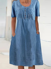 Women's Casual Denim Midi Dress with Pockets - Crew Neck, Short Sleeve for Summer