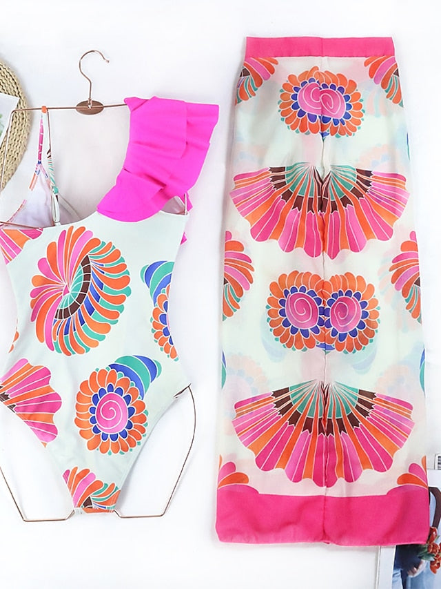 Women's Tankini Monokini Bathing Suit 2-Piece Ruffle Floral Print Padded Strap Pink Blue Retro