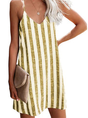 Women's Sleeveless Striped Backless V Neck Casual Slip Dress