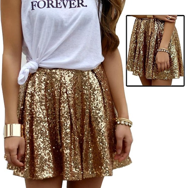 Women's Sparkly Skirt Mini Polyester Gold Skirts Sequins Shiny Metallic Shimmery Fashion Carnival Costumes Ladies Casual Daily