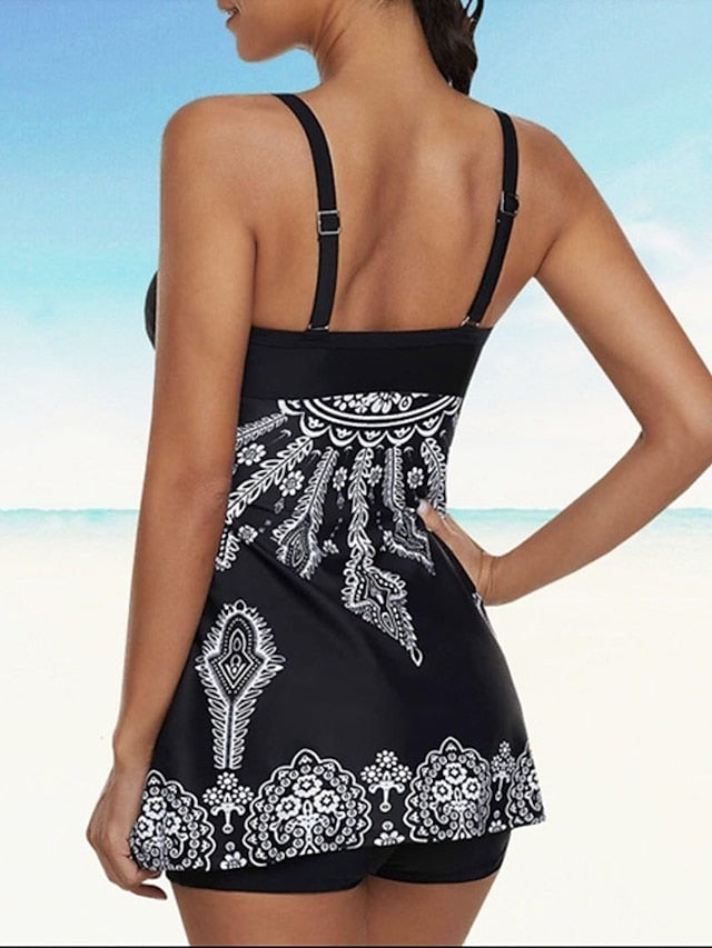 Women's Swimwear Tankini 2 Piece Plus Size Swimsuit Modest Swimwear Open Back for Big Busts Print Floral Black Blue Pink Red Tunic Strap Bathing Suits New Vacation Fashion / Modern / Padded Bras