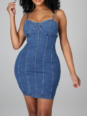 Women's Denim Mini Dress - Sleeveless, Backless, Spaghetti Strap for Summer